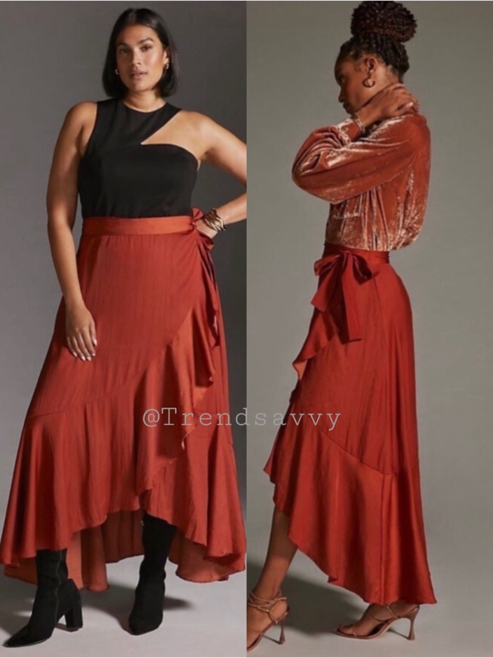 Anthropologie Maeve Ruffled Wrap Maxi Skirt Burnt Orange High Low 1X Boho Resort